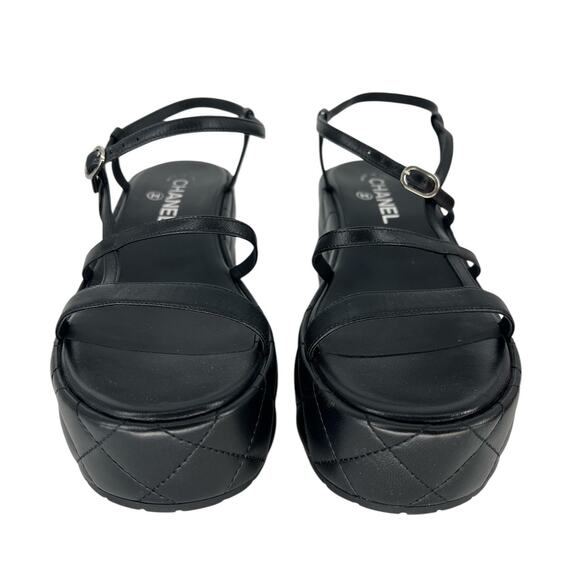 Chanel 2023 Calfskin Quilted Slingback Wedge Logo Sandals - Picture 7 of 16